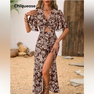 Brown Floral Maxi Dress with Slit